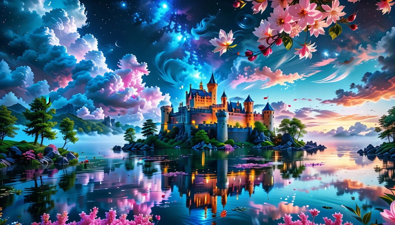 A Masterpiece In 32K Resolution: Supreme Quality, Super Detail, Official Art, Very High-Resolution 32K Wallpaper, Beautiful And Aesthetic, Ultra-Detailed Features, Awe-Inspiring Detail. A Picturesque Scene Of Stunning Castles Illuminated Under A Starry Night Sky, Gracefully Nestled By A Serene Lake. Some Of The Castles Appear To Float On The Water's Surface, Creating A Magical Atmosphere. Wispy Clouds Drift Through The Sky, Adding To The Romance Of The Moment. Majestic Dragons Soar Gracefully Above, While Vibrant Pink Flowers Bloom Along The Lakeshore, Enhancing The Enchanting Beauty Of This Dreamlike Setting.