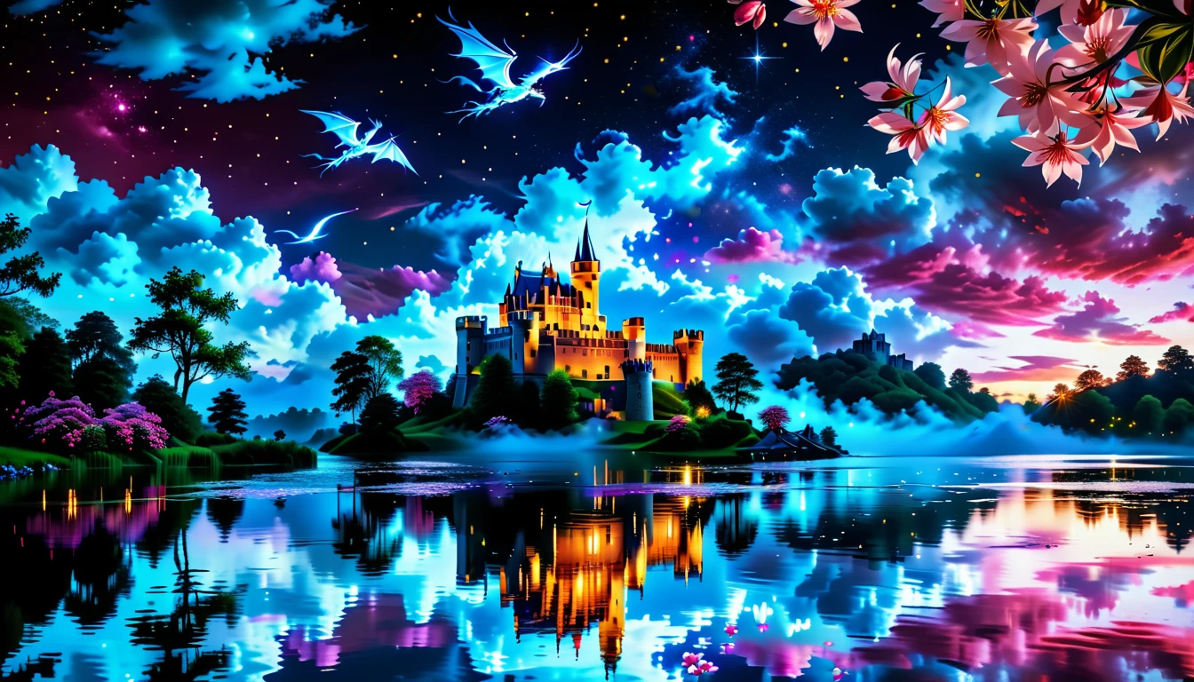 A Masterpiece In 32K Resolution: Supreme Quality, Super Detail, Official Art, Very High-Resolution 32K Wallpaper, Beautiful And Aesthetic, Ultra-Detailed Features, Awe-Inspiring Detail. A Picturesque Scene Of Stunning Castles Illuminated Under A Starry Night Sky, Gracefully Nestled By A Serene Lake. Some Of The Castles Appear To Float On The Water's Surface, Creating A Magical Atmosphere. Wispy Clouds Drift Through The Sky, Adding To The Romance Of The Moment. Majestic Dragons Soar Gracefully Above, While Vibrant Pink Flowers Bloom Along The Lakeshore, Enhancing The Enchanting Beauty Of This Dreamlike Setting.