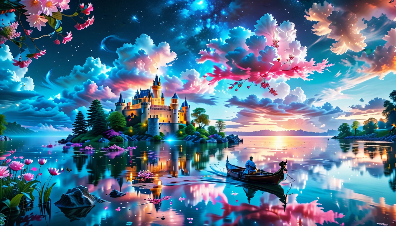 A Masterpiece In 32K Resolution: Supreme Quality, Super Detail, Official Art, Very High-Resolution 32K Wallpaper, Beautiful And Aesthetic, Ultra-Detailed Features, Awe-Inspiring Detail. A Picturesque Scene Of Stunning Castles Illuminated Under A Starry Night Sky, Gracefully Nestled By A Serene Lake. Some Of The Castles Appear To Float On The Water's Surface, Creating A Magical Atmosphere. Wispy Clouds Drift Through The Sky, Adding To The Romance Of The Moment. Majestic Dragons Soar Gracefully Above, While Vibrant Pink Flowers Bloom Along The Lakeshore, Enhancing The Enchanting Beauty Of This Dreamlike Setting.