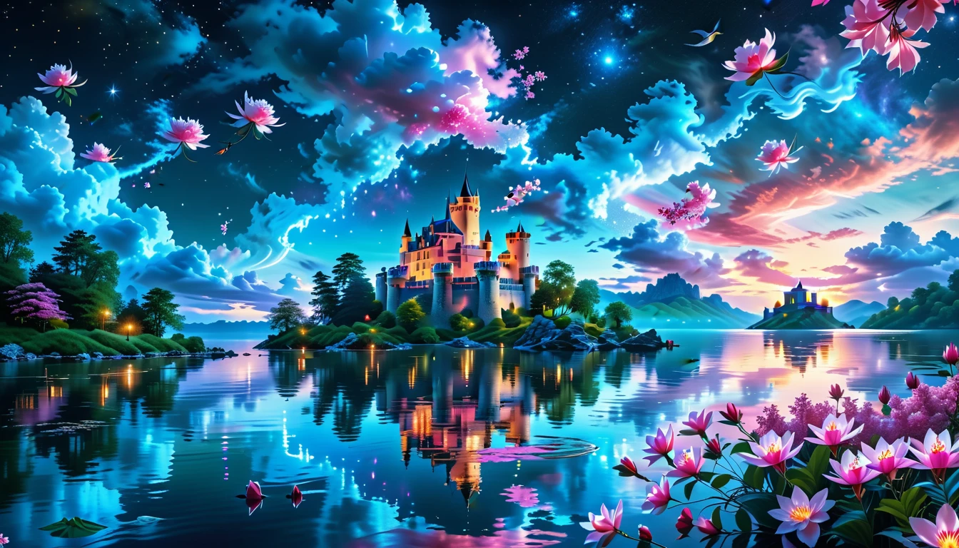 A Masterpiece In 32K Resolution: Supreme Quality, Super Detail, Official Art, Very High-Resolution 32K Wallpaper, Beautiful And Aesthetic, Ultra-Detailed Features, Awe-Inspiring Detail. A Picturesque Scene Of Stunning Castles Illuminated Under A Starry Night Sky, Gracefully Nestled By A Serene Lake. Some Of The Castles Appear To Float On The Water's Surface, Creating A Magical Atmosphere. Wispy Clouds Drift Through The Sky, Adding To The Romance Of The Moment. Majestic Dragons Soar Gracefully Above, While Vibrant Pink Flowers Bloom Along The Lakeshore, Enhancing The Enchanting Beauty Of This Dreamlike Setting.