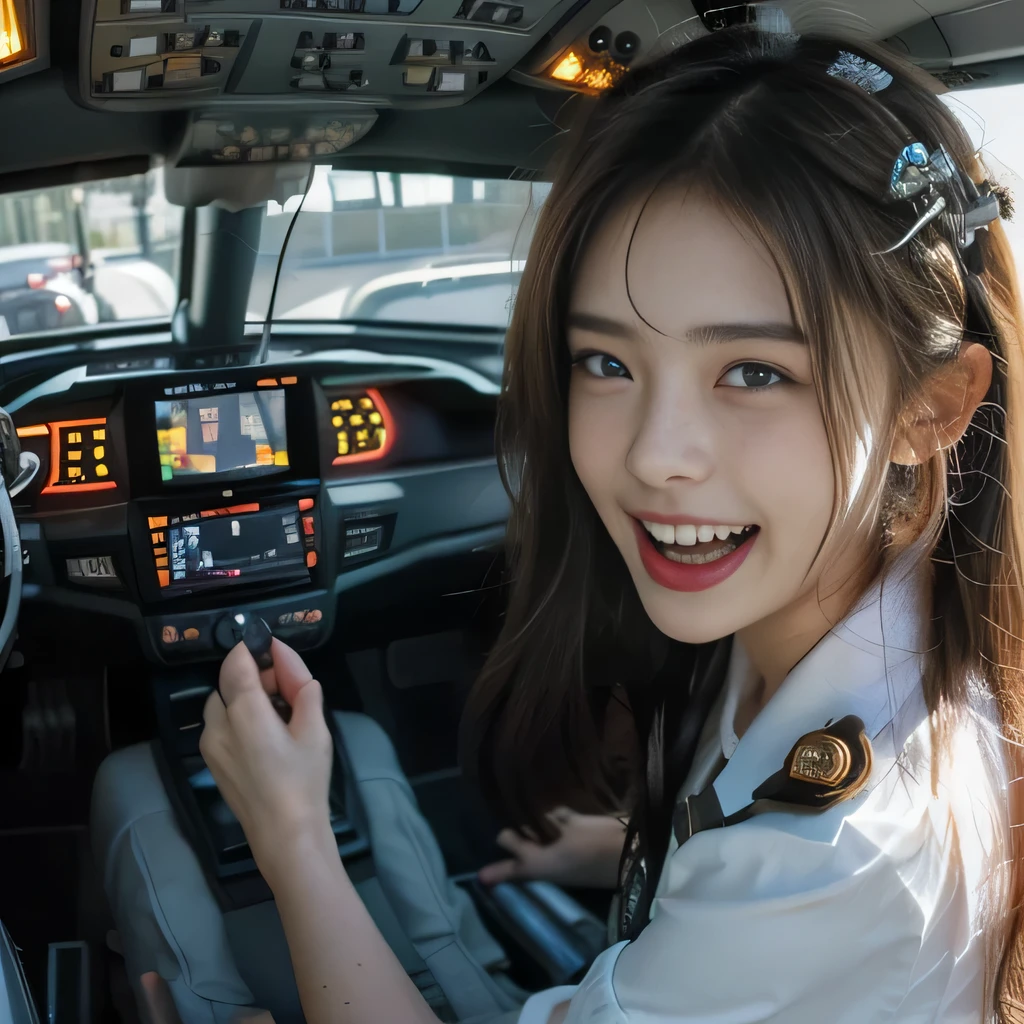 best quality, ultra-detailed, realistic, (1girl , laugh:1.6),(cockpit:1.3), (bulb light:1.3)