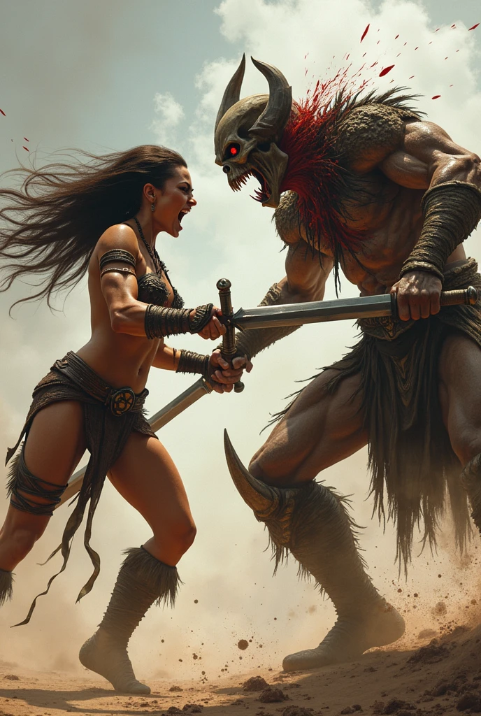 (Best Quality, 8k, Masterpiece: 1.2), Cute and Sexy Woman, Creepy Art, Ultra Detailed Big Breasts, Breast movements and bounces are ultra-realistic, extremely shaped breasts, erotic warrior costume, A creepy demonic landscape, Hell World, Fog, Dark fantasy, Cinematic lighting, Dramatic chiaroscuro, Changing colors, Deep shadows, Bright rays, Hellscape, Apocalyptic, Teenager wielding a magic sword, The woman has an evil demonic monster in front of her,