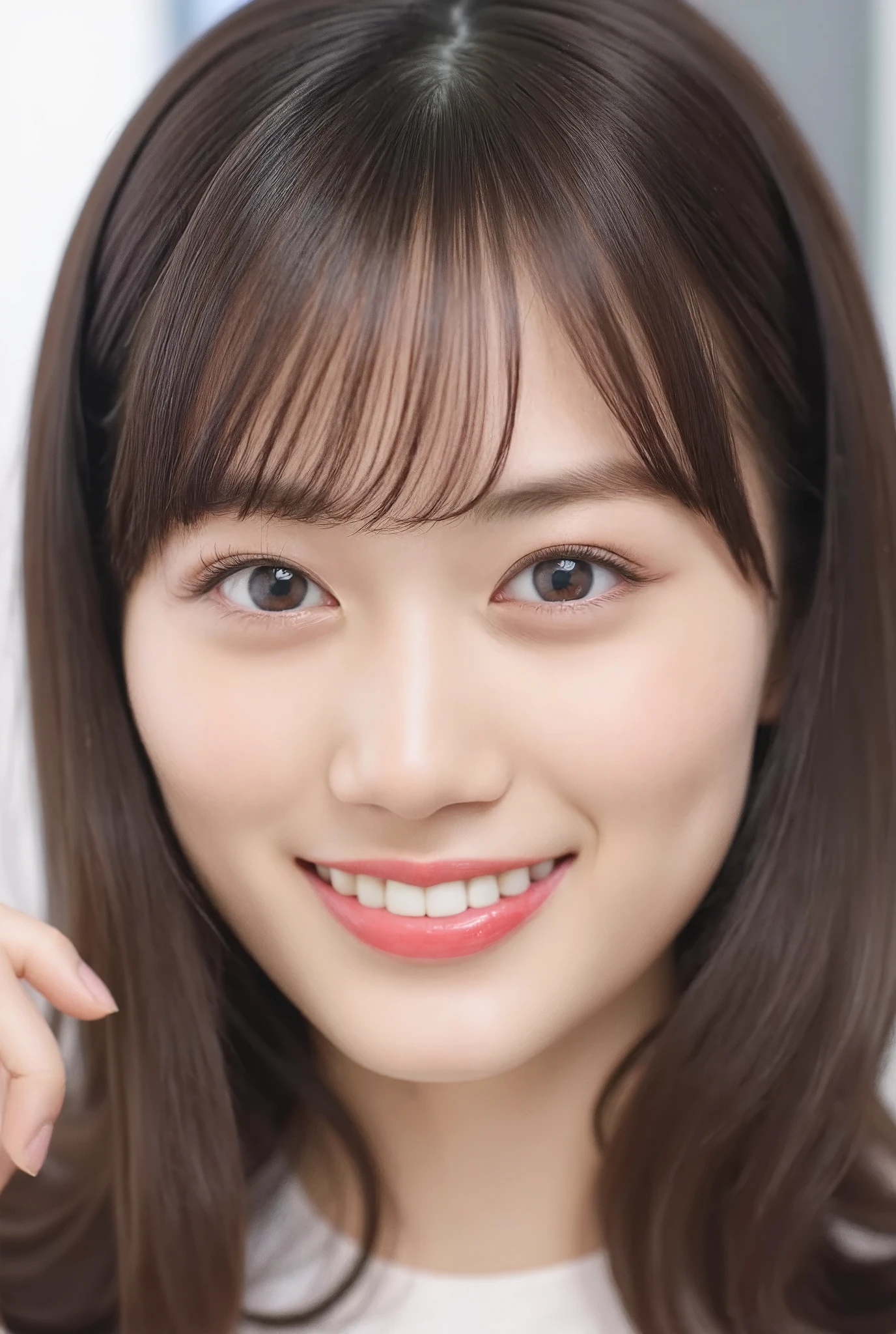 smile, (Best Quality:1.5), (Skin texture and pores:1.7), Sharp focus captures the entire face、Creates natural shadows on the cheeks and forehead, (HDR:1.4), Pores and fine skin details are realistically depicted.、Lighting enhances skin texture (Skin Detail:1.8), The lips have a slight sheen、The natural pink color creates an elegant reflection of light., The hair is realistically expressed.、The background is blurred, giving it a luxurious feel with studio lighting. (Background Blur:1.3)