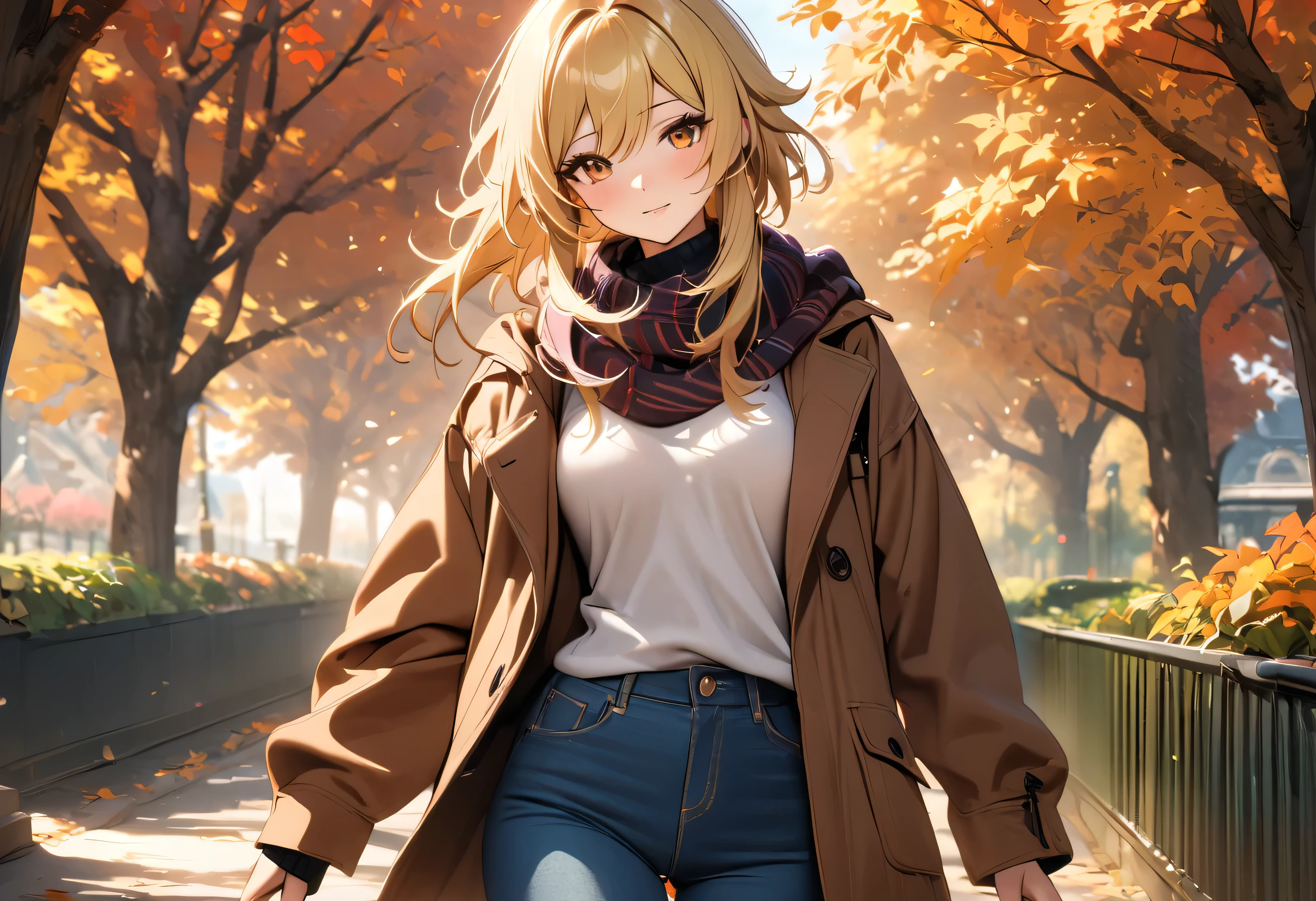 masterpiece, best quality, 8K, very aesthetic, HDR, cinematic lighting, intricate details, highly detailed, 1girl, Lumine from Genshin Impact, casual outfit, sweater, jeans, coat, scarf, blonde hair, lifelike body, perfect body, perfect female body, park, autumn