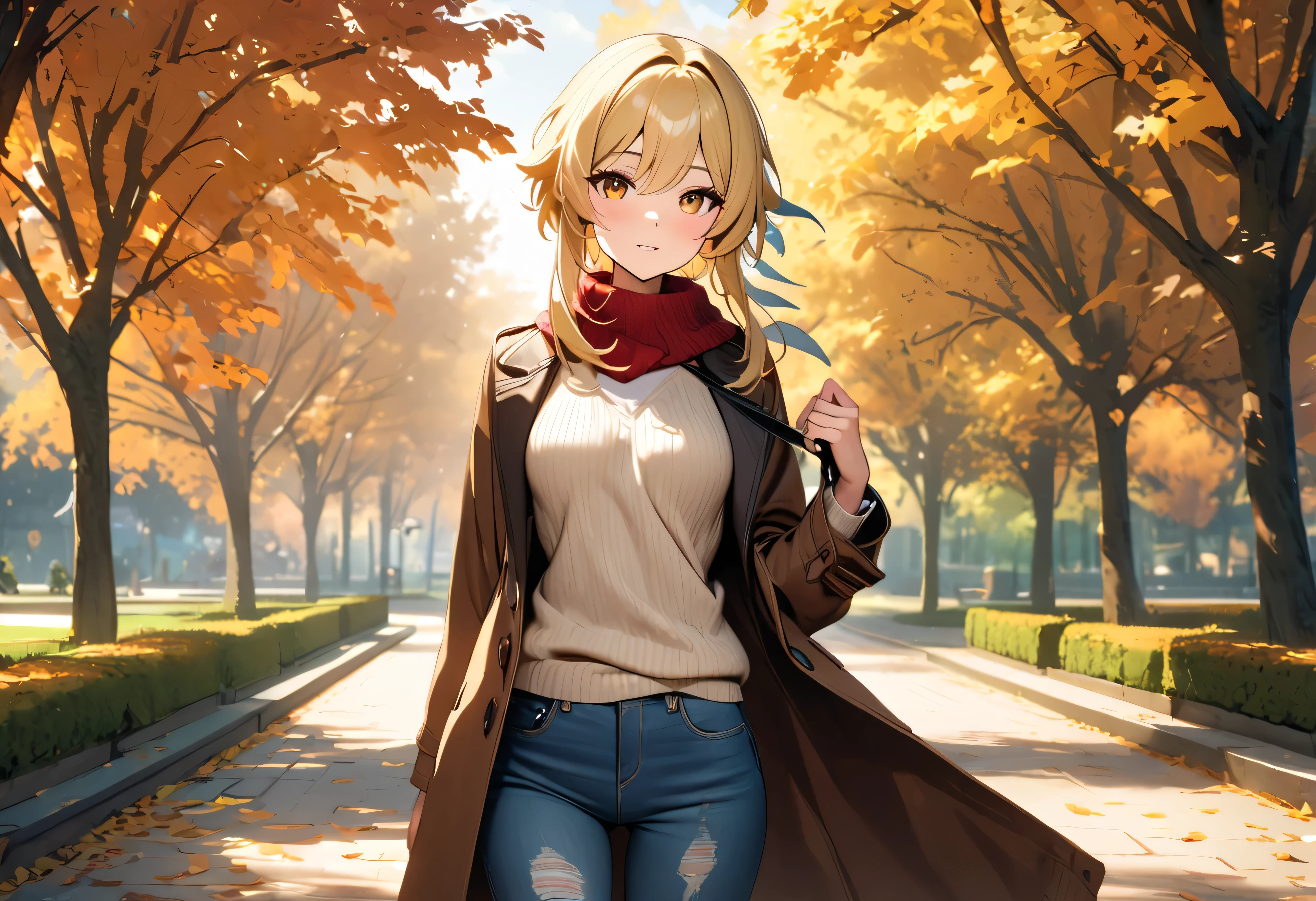 masterpiece, best quality, 8K, very aesthetic, HDR, cinematic lighting, intricate details, highly detailed, 1girl, Lumine from Genshin Impact, casual outfit, sweater, jeans, coat, scarf, blonde hair, lifelike body, perfect body, perfect female body, park, autumn