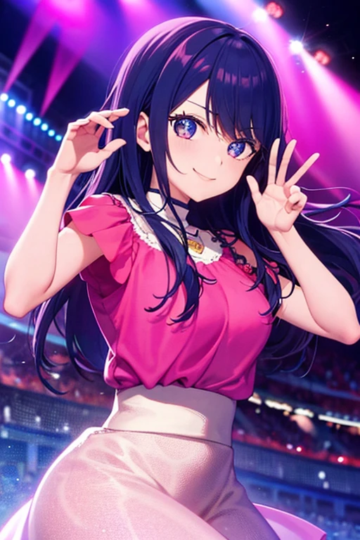 LynnMinmay, 1girl, solo, black hair, cowboy shot, ultra-detailed, best quality, masterpiece, illustration, game cg, sleeveless idol dress, stage, thigh highs