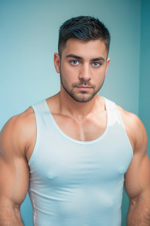 1man, 
a 30 y.o muscular male, small beard, gloomy eyes, blue eyes, undercut haircut, concentrated expression, wearing a tank top, white background,
soft lighting, 
masterpiece, best quality, 8k uhd, dslr, film grain, Fujifilm XT3 photorealistic painting art by midjourney and greg rutkowski