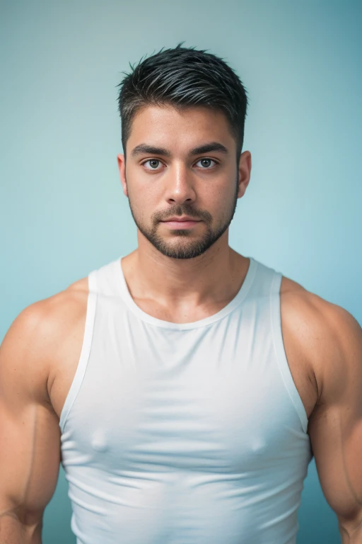 1man, 
a 30 y.o muscular male, small beard, gloomy eyes, blue eyes, undercut haircut, concentrated expression, wearing a tank top, white background,
soft lighting, 
masterpiece, best quality, 8k uhd, dslr, film grain, Fujifilm XT3 photorealistic painting art by midjourney and greg rutkowski