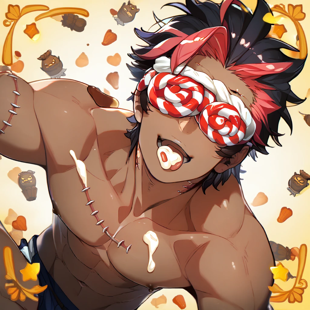 score_9, score_8_up, score_7_up, rating_explicit, source_anime, hot man, milk, colored highlights, stitches on the skin, stitched skin, dark skin, hair covering the eyes, sweets, candy drawing, sexy pose, dynamic angle, showing tongue, halloween, amazing quality, best aesthetic, game cg, official art, wallpaper, absurdres, high-res, yoisyo