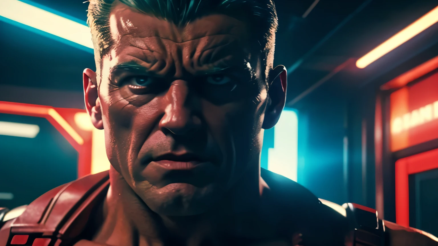 X-Men Cable Character angry, Strong, 1950s Super Panavision 70 film stock, 70mm, vintage, retro, cinematography, grainy, ultra-detailed, ultra-realistic, 8k, hyper-detailed, cinematic lighting, cinematic composition, color graded, vibrant colors.