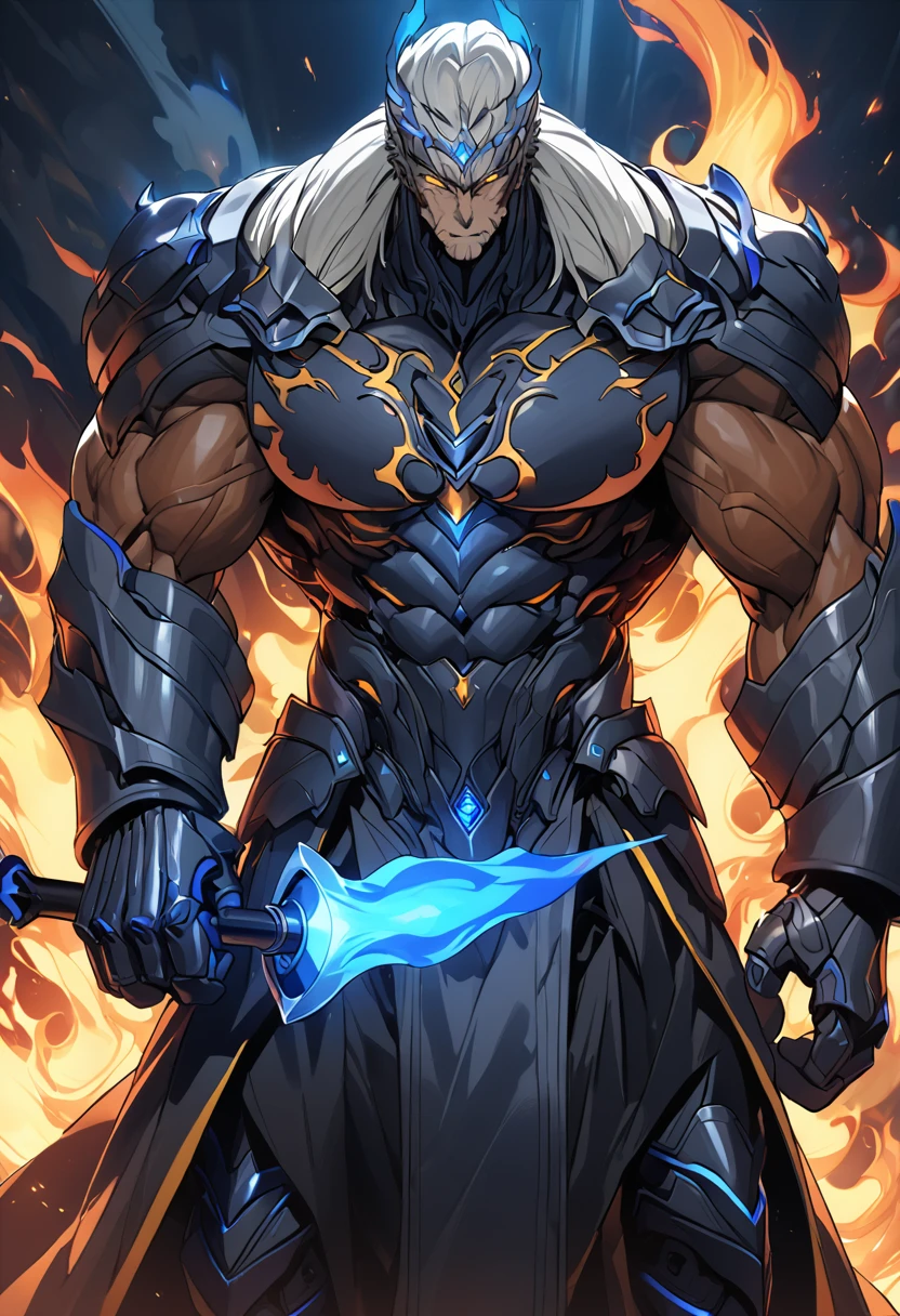 Appearance: Kaelic is a tall, muscular Titan, about 3 meters tall. He has reddish skin and glowing yellow eyes. His hair is short and black, with a small blue flame on each end. He wears a kind of armor made of a fire-resistant material, 8k high definition