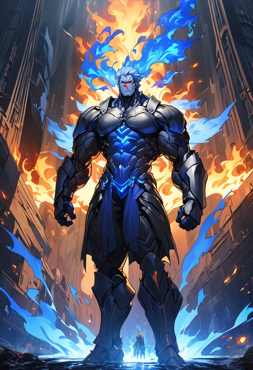 Appearance: Kaelic is a tall, muscular Titan, about 3 meters tall. He has reddish skin and glowing yellow eyes. His hair is short and black, with a small blue flame on each end. He wears a kind of armor made of a fire-resistant material, 8k high definition