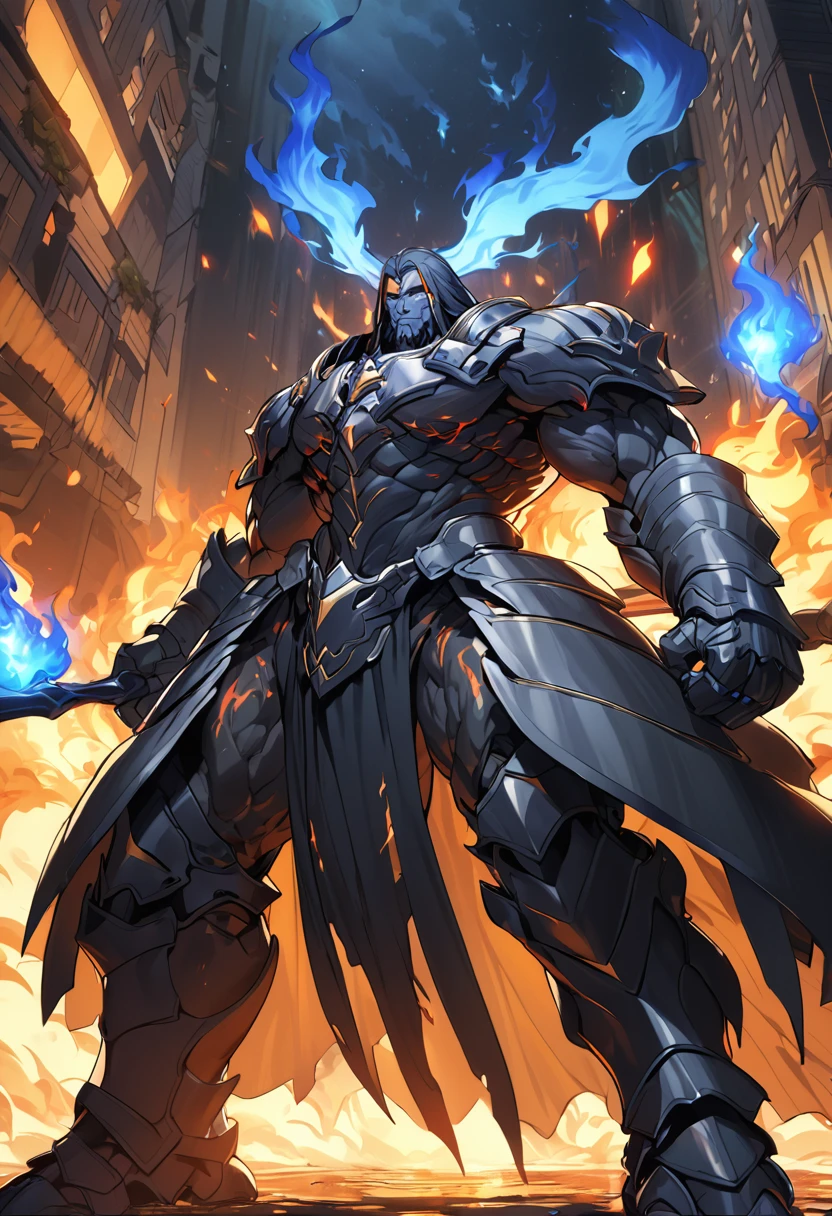 Appearance: Kaelic is a tall, muscular Titan, about 3 meters tall. He has reddish skin and glowing yellow eyes. His hair is short and black, with a small blue flame on each end. He wears a kind of armor made of a fire-resistant material, 8k high definition