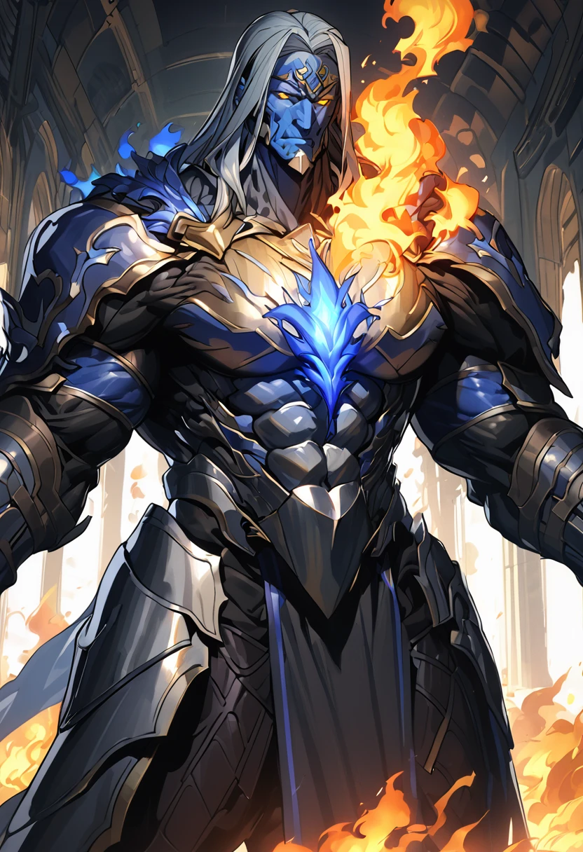 Appearance: Kaelic is a tall, muscular Titan, about 3 meters tall. He has reddish skin and glowing yellow eyes. His hair is short and black, with a small blue flame on each end. He wears a kind of armor made of a fire-resistant material, 8k high definition