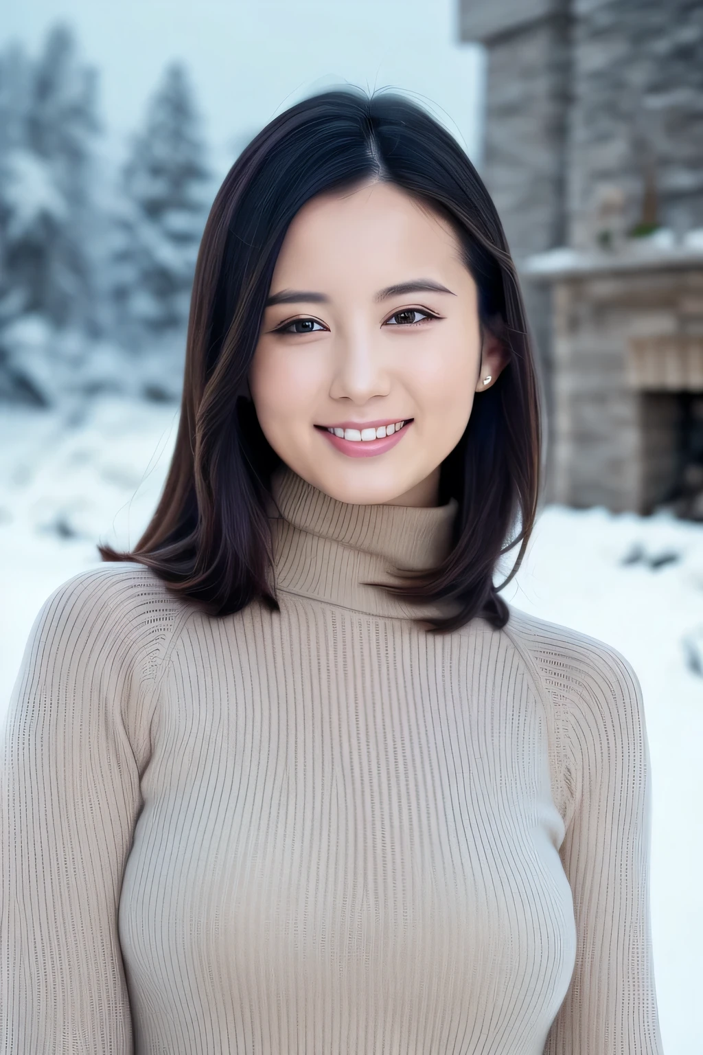 One Girl,(Wearing a turtleneck sweater),(Winter jackets),(RAW Photos, highest quality), (Realistic, photo-Realistic:1.4), masterpiece, Very delicate and beautiful, Very detailed, 2k wallpaper, wonderful, In detail, Very detailed CG unity 8k wallpaper, Very detailed, High resolution, Soft Light, Beautiful detailed girl, Very detailed eyes and face, Beautiful and detailed nose, Beautiful details,Cinema Lighting,Snow Scene,Ski Resorts,fireplace,Christmas tree,Christmas decorations,Snow Mountain,Perfect Anatomy,Slender body,smile、(((Super big ))),amazing sapraizz, dynamic production 