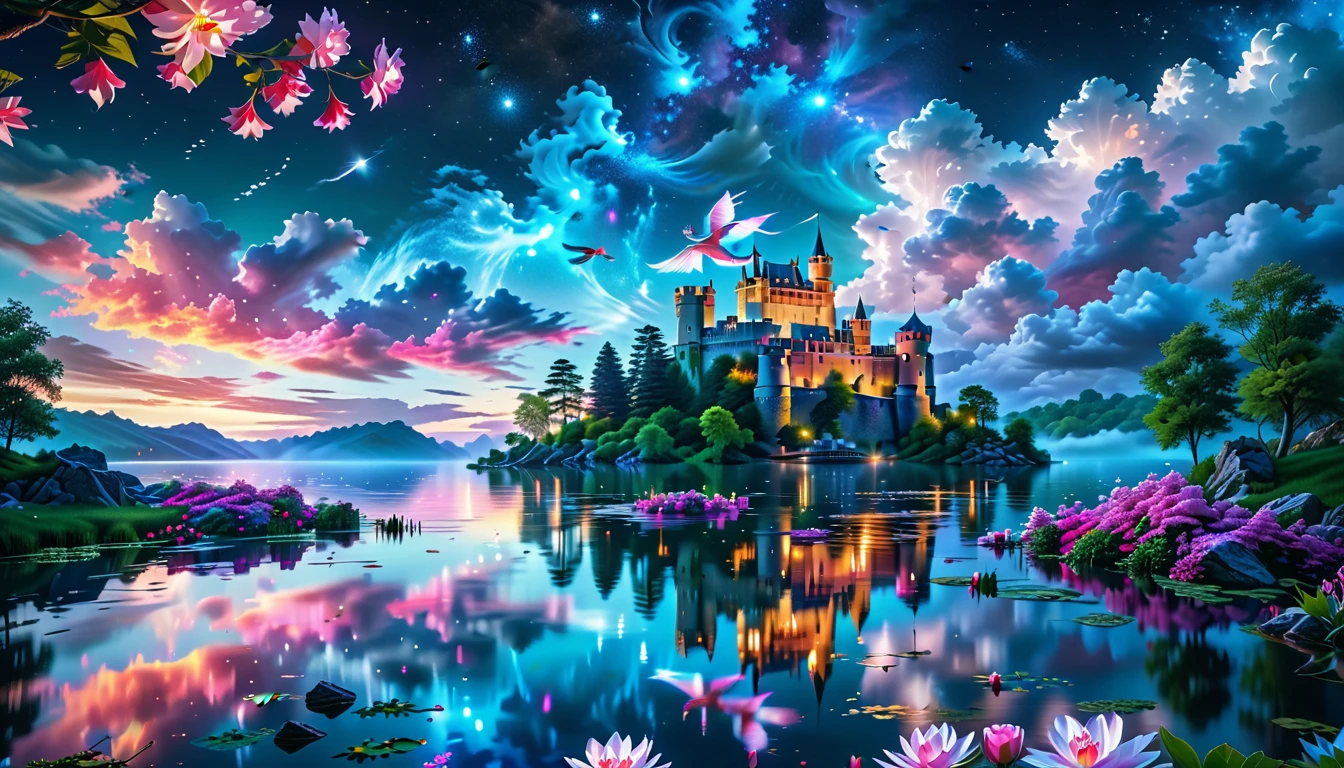 A Masterpiece In 32K Resolution: Supreme Quality, Super Detail, Official Art, Very High-Resolution 32K Wallpaper, Beautiful And Aesthetic, Ultra-Detailed Features, Awe-Inspiring Detail. A Picturesque Scene Of Stunning Castles Illuminated Under A Starry Night Sky, Gracefully Nestled By A Serene Lake. Some Of The Castles Appear To Float On The Water's Surface, Creating A Magical Atmosphere. Wispy Clouds Drift Through The Sky, Adding To The Romance Of The Moment. Majestic Dragons Soar Gracefully Above, While Vibrant Pink Flowers Bloom Along The Lakeshore, Enhancing The Enchanting Beauty Of This Dreamlike Setting.