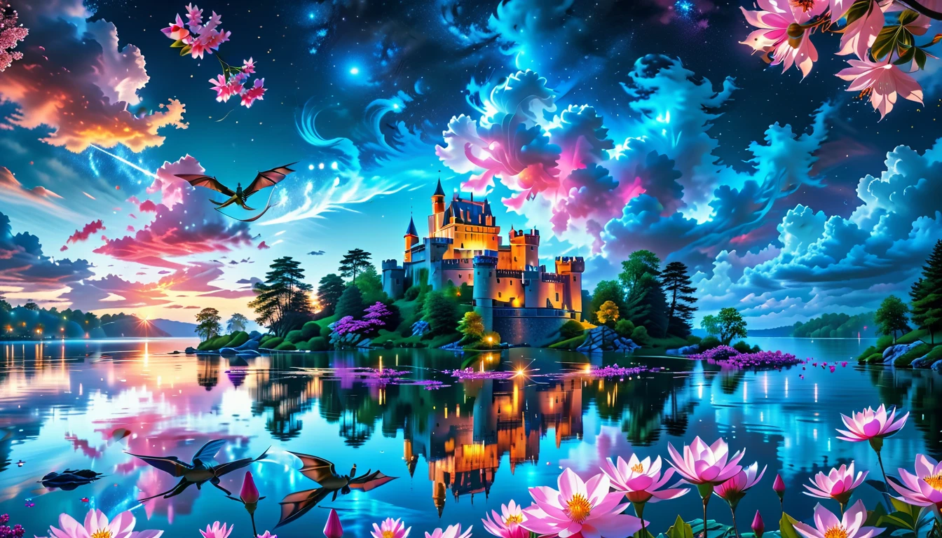 A Masterpiece In 32K Resolution: Supreme Quality, Super Detail, Official Art, Very High-Resolution 32K Wallpaper, Beautiful And Aesthetic, Ultra-Detailed Features, Awe-Inspiring Detail. A Picturesque Scene Of Stunning Castles Illuminated Under A Starry Night Sky, Gracefully Nestled By A Serene Lake. Some Of The Castles Appear To Float On The Water's Surface, Creating A Magical Atmosphere. Wispy Clouds Drift Through The Sky, Adding To The Romance Of The Moment. Majestic Dragons Soar Gracefully Above, While Vibrant Pink Flowers Bloom Along The Lakeshore, Enhancing The Enchanting Beauty Of This Dreamlike Setting.