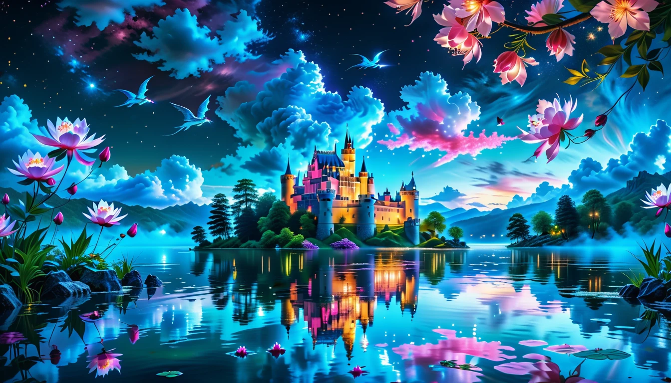 A Masterpiece In 32K Resolution: Supreme Quality, Super Detail, Official Art, Very High-Resolution 32K Wallpaper, Beautiful And Aesthetic, Ultra-Detailed Features, Awe-Inspiring Detail. A Picturesque Scene Of Stunning Castles Illuminated Under A Starry Night Sky, Gracefully Nestled By A Serene Lake. Some Of The Castles Appear To Float On The Water's Surface, Creating A Magical Atmosphere. Wispy Clouds Drift Through The Sky, Adding To The Romance Of The Moment. Majestic Dragons Soar Gracefully Above, While Vibrant Pink Flowers Bloom Along The Lakeshore, Enhancing The Enchanting Beauty Of This Dreamlike Setting.