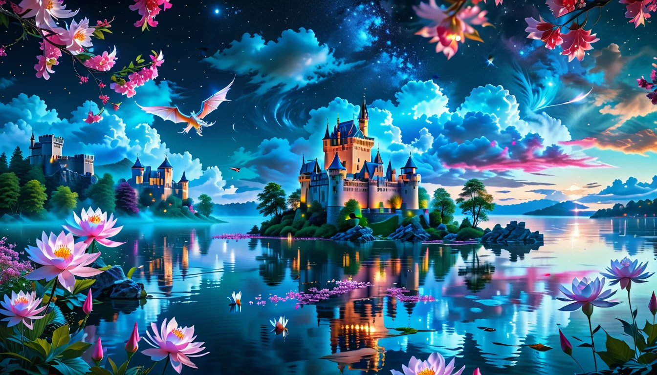 A Masterpiece In 32K Resolution: Supreme Quality, Super Detail, Official Art, Very High-Resolution 32K Wallpaper, Beautiful And Aesthetic, Ultra-Detailed Features, Awe-Inspiring Detail. A Picturesque Scene Of Stunning Castles Illuminated Under A Starry Night Sky, Gracefully Nestled By A Serene Lake. Some Of The Castles Appear To Float On The Water's Surface, Creating A Magical Atmosphere. Wispy Clouds Drift Through The Sky, Adding To The Romance Of The Moment. Majestic Dragons Soar Gracefully Above, While Vibrant Pink Flowers Bloom Along The Lakeshore, Enhancing The Enchanting Beauty Of This Dreamlike Setting.