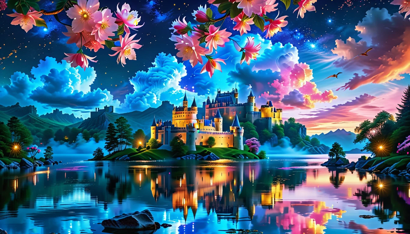 A Masterpiece In 32K Resolution: Supreme Quality, Super Detail, Official Art, Very High-Resolution 32K Wallpaper, Beautiful And Aesthetic, Ultra-Detailed Features, Awe-Inspiring Detail. A Picturesque Scene Of Stunning Castles Illuminated Under A Starry Night Sky, Gracefully Nestled By A Serene Lake. Some Of The Castles Appear To Float On The Water's Surface, Creating A Magical Atmosphere. Wispy Clouds Drift Through The Sky, Adding To The Romance Of The Moment. Majestic Dragons Soar Gracefully Above, While Vibrant Pink Flowers Bloom Along The Lakeshore, Enhancing The Enchanting Beauty Of This Dreamlike Setting.