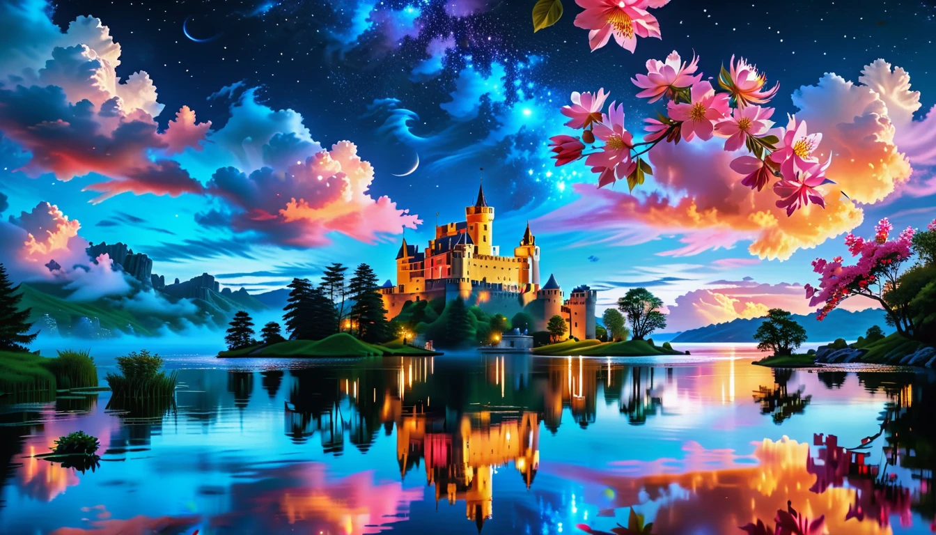 A Masterpiece In 32K Resolution: Supreme Quality, Super Detail, Official Art, Very High-Resolution 32K Wallpaper, Beautiful And Aesthetic, Ultra-Detailed Features, Awe-Inspiring Detail. A Picturesque Scene Of Stunning Castles Illuminated Under A Starry Night Sky, Gracefully Nestled By A Serene Lake. Some Of The Castles Appear To Float On The Water's Surface, Creating A Magical Atmosphere. Wispy Clouds Drift Through The Sky, Adding To The Romance Of The Moment. Majestic Dragons Soar Gracefully Above, While Vibrant Pink Flowers Bloom Along The Lakeshore, Enhancing The Enchanting Beauty Of This Dreamlike Setting.