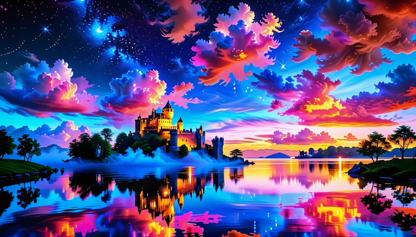 A Masterpiece In 32K Resolution: Supreme Quality, Super Detail, Official Art, Very High-Resolution 32K Wallpaper, Beautiful And Aesthetic, Ultra-Detailed Features, Awe-Inspiring Detail. A Picturesque Scene Of Stunning Castles Illuminated Under A Starry Night Sky, Gracefully Nestled By A Serene Lake. Some Of The Castles Appear To Float On The Water's Surface, Creating A Magical Atmosphere. Wispy Clouds Drift Through The Sky, Adding To The Romance Of The Moment. Majestic Dragons Soar Gracefully Above, While Vibrant Pink Flowers Bloom Along The Lakeshore, Enhancing The Enchanting Beauty Of This Dreamlike Setting.