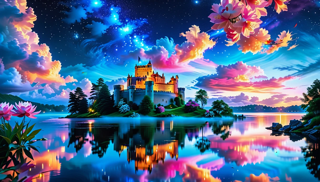 A Masterpiece In 32K Resolution: Supreme Quality, Super Detail, Official Art, Very High-Resolution 32K Wallpaper, Beautiful And Aesthetic, Ultra-Detailed Features, Awe-Inspiring Detail. A Picturesque Scene Of Stunning Castles Illuminated Under A Starry Night Sky, Gracefully Nestled By A Serene Lake. Some Of The Castles Appear To Float On The Water's Surface, Creating A Magical Atmosphere. Wispy Clouds Drift Through The Sky, Adding To The Romance Of The Moment. Majestic Dragons Soar Gracefully Above, While Vibrant Pink Flowers Bloom Along The Lakeshore, Enhancing The Enchanting Beauty Of This Dreamlike Setting.