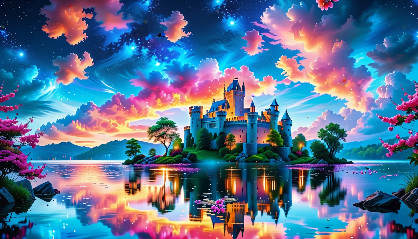 A Masterpiece In 32K Resolution: Supreme Quality, Super Detail, Official Art, Very High-Resolution 32K Wallpaper, Beautiful And Aesthetic, Ultra-Detailed Features, Awe-Inspiring Detail. A Picturesque Scene Of Stunning Castles Illuminated Under A Starry Night Sky, Gracefully Nestled By A Serene Lake. Some Of The Castles Appear To Float On The Water's Surface, Creating A Magical Atmosphere. Wispy Clouds Drift Through The Sky, Adding To The Romance Of The Moment. Majestic Dragons Soar Gracefully Above, While Vibrant Pink Flowers Bloom Along The Lakeshore, Enhancing The Enchanting Beauty Of This Dreamlike Setting.