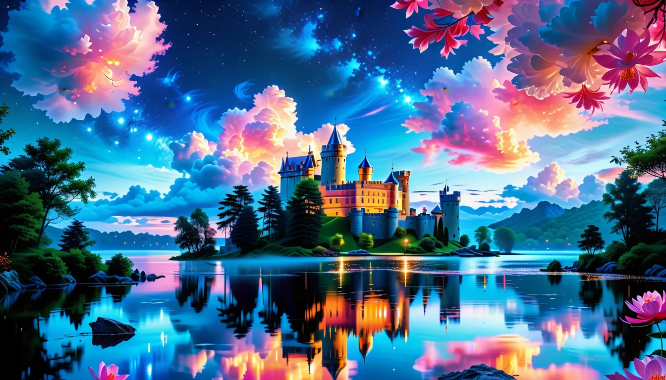 A Masterpiece In 32K Resolution: Supreme Quality, Super Detail, Official Art, Very High-Resolution 32K Wallpaper, Beautiful And Aesthetic, Ultra-Detailed Features, Awe-Inspiring Detail. A Picturesque Scene Of Stunning Castles Illuminated Under A Starry Night Sky, Gracefully Nestled By A Serene Lake. Some Of The Castles Appear To Float On The Water's Surface, Creating A Magical Atmosphere. Wispy Clouds Drift Through The Sky, Adding To The Romance Of The Moment. Majestic Dragons Soar Gracefully Above, While Vibrant Pink Flowers Bloom Along The Lakeshore, Enhancing The Enchanting Beauty Of This Dreamlike Setting.