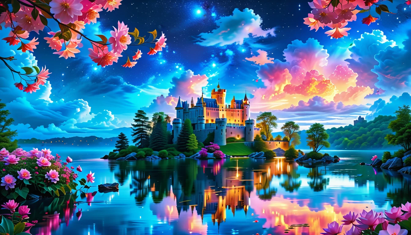 A Masterpiece In 32K Resolution: Supreme Quality, Super Detail, Official Art, Very High-Resolution 32K Wallpaper, Beautiful And Aesthetic, Ultra-Detailed Features, Awe-Inspiring Detail. A Picturesque Scene Of Stunning Castles Illuminated Under A Starry Night Sky, Gracefully Nestled By A Serene Lake. Some Of The Castles Appear To Float On The Water's Surface, Creating A Magical Atmosphere. Wispy Clouds Drift Through The Sky, Adding To The Romance Of The Moment. Majestic Dragons Soar Gracefully Above, While Vibrant Pink Flowers Bloom Along The Lakeshore, Enhancing The Enchanting Beauty Of This Dreamlike Setting.