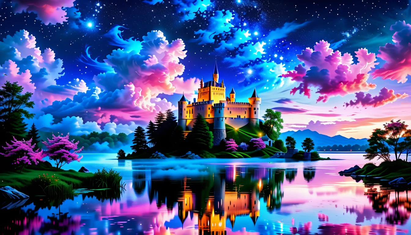 A Masterpiece In 32K Resolution: Supreme Quality, Super Detail, Official Art, Very High-Resolution 32K Wallpaper, Beautiful And Aesthetic, Ultra-Detailed Features, Awe-Inspiring Detail. A Picturesque Scene Of Stunning Castles Illuminated Under A Starry Night Sky, Gracefully Nestled By A Serene Lake. Some Of The Castles Appear To Float On The Water's Surface, Creating A Magical Atmosphere. Wispy Clouds Drift Through The Sky, Adding To The Romance Of The Moment. Majestic Dragons Soar Gracefully Above, While Vibrant Pink Flowers Bloom Along The Lakeshore, Enhancing The Enchanting Beauty Of This Dreamlike Setting.