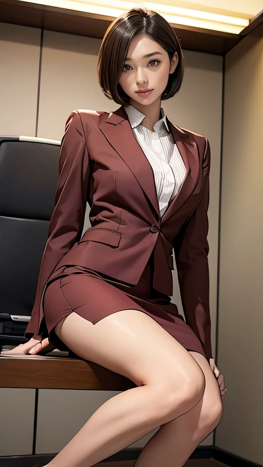 Elegant secretary, working in an office, Wear a red suit and skirt, Wear high-end high heels, Girl in shirt, Business woman, Business clothes, RAW photo, (8K, Highest quality, Masterpiece: 1.2) , (detailed detail: 1.4), (Photoreal: 1.4), Bare lower body,upper legs,with no underpants,spread their legs,Realistic skin texture, Detailed face, Beautifully detailed eyes, High detail CG Unity 16K wallpaper, Makeup, (Detailed background: 1.2),