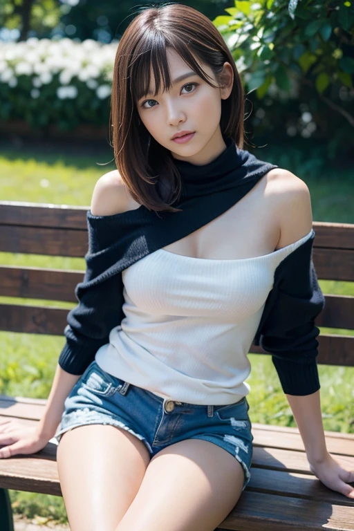 (highest quality、8k、32k、masterpiece、Hmph:1.2)、Cute Japanese Women Photos、Big and ample breasts、Very short bob hair、Surface Focus、Long sleeve knit、Wear a light knit、Light Purple Knit、necklace、View your viewers、Shorts、wear black tights、Seduce with your feet、Temptation Pose、Attractive look、Showing cleavage、Black Pantyhose、Short thighs are beautiful、University Campus、Place one'Hands on the desk、Are standing、