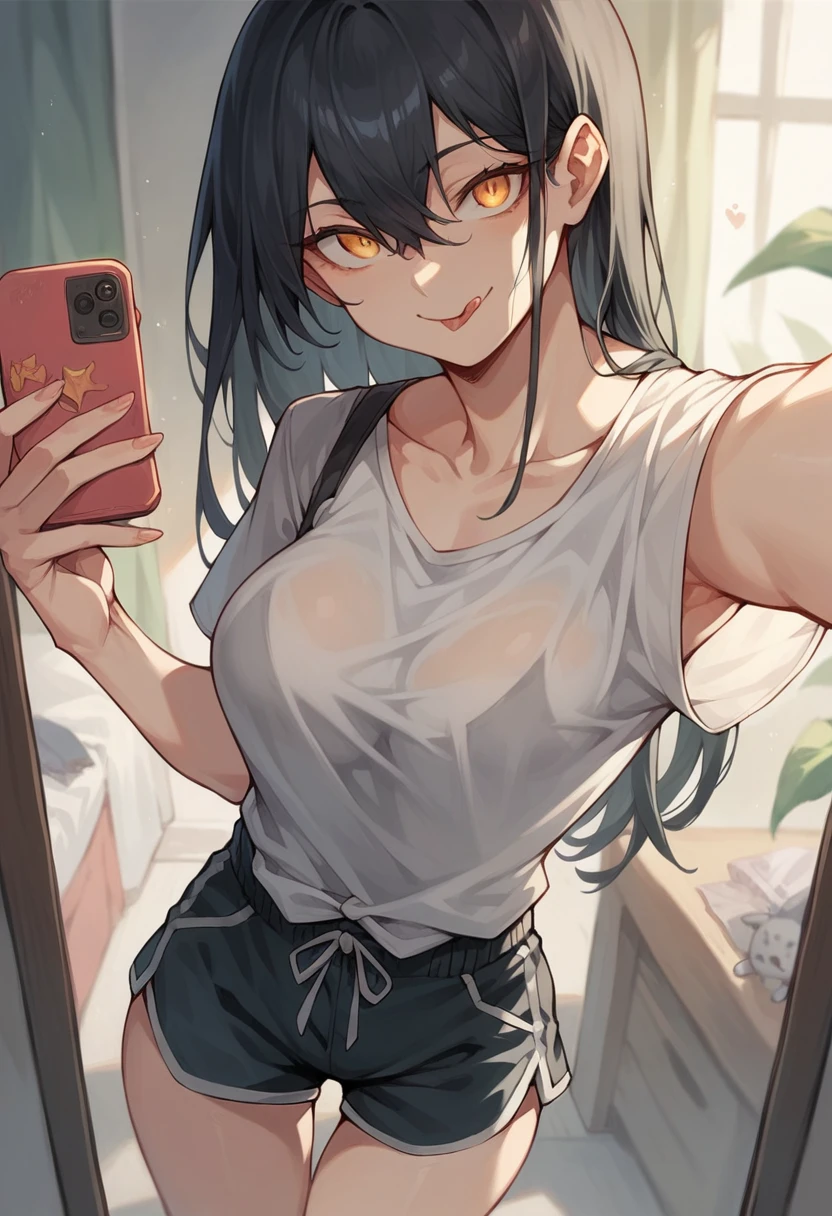 (Best quality at best, 8K, tmasterpiece:1.3),1girl,one_finger_selfie_challenge,finger on boob,finger on pussyy,selfie,holding_phone