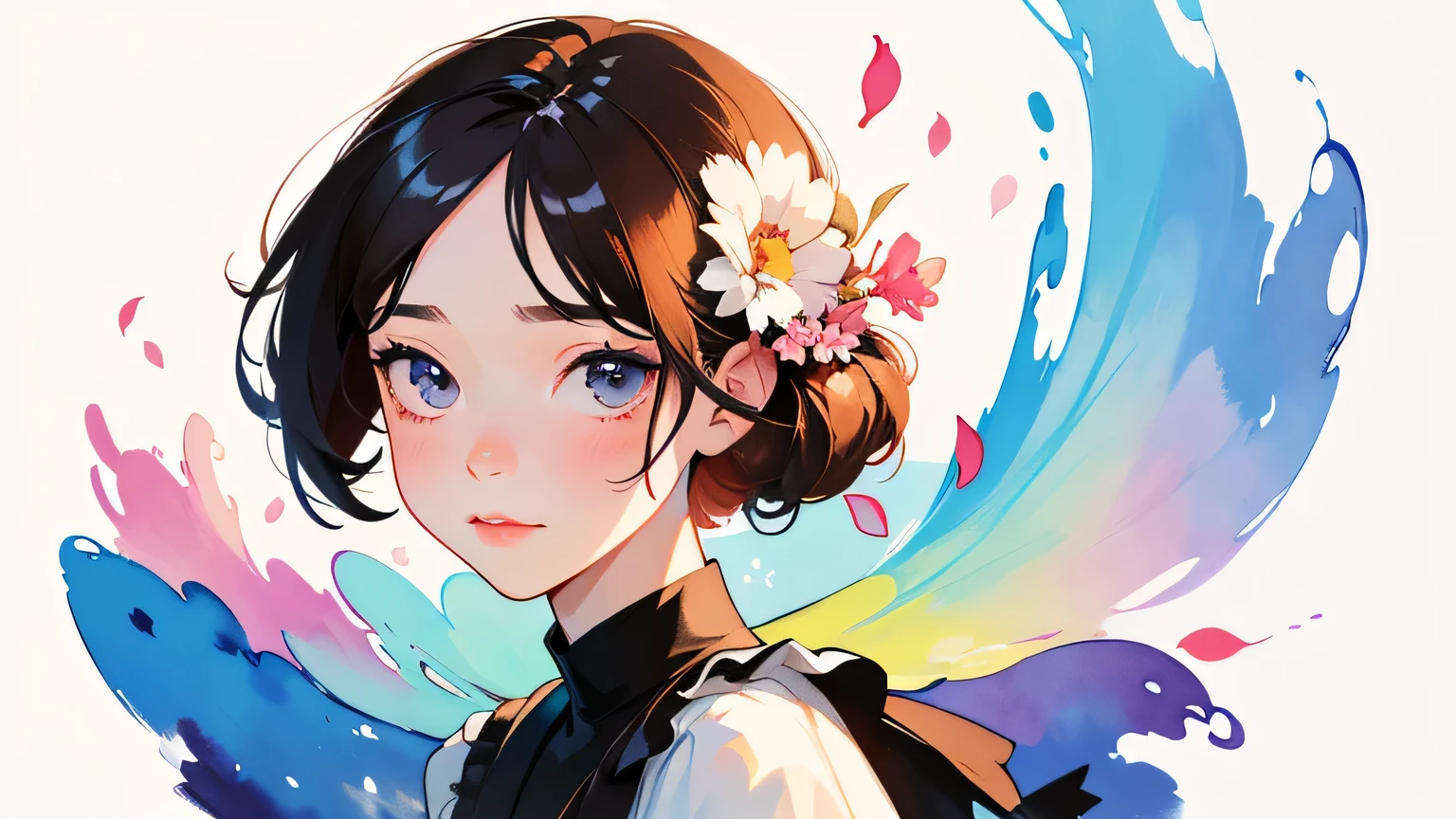 （Best quality，masterpiece，watercolor，Ink splash），1 Beautiful and delicate portrait of a girl，Lively and cute，Background petals falling