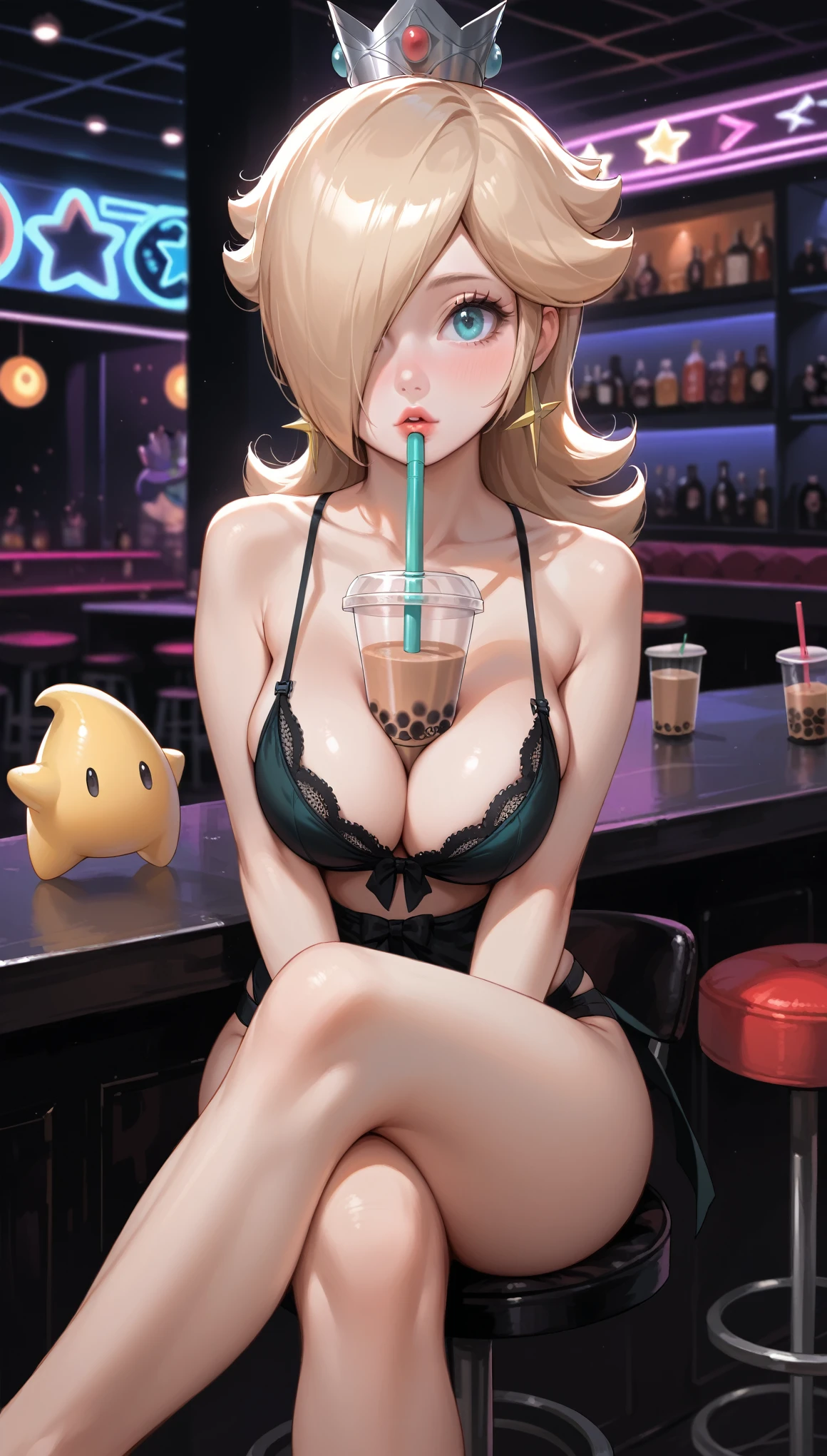 Princess Rosalina as a pornstar, super Mario Bros, Princess Rosalina, pornstar, busty pornstar, (((in a nightclub))), Hot cleavage, black lingerie, crossed legs in sexy pose, sit down, (((bubble tea between breasts)))