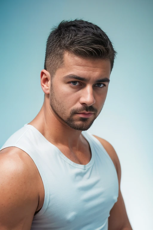 1man, 
a 30 y.o muscular male, small beard, gloomy eyes, blue eyes, undercut haircut, concentrated expression, wearing a tank top, white background,
soft lighting, 
masterpiece, best quality, 8k uhd, dslr, film grain, Fujifilm XT3 photorealistic painting art by midjourney and greg rutkowski