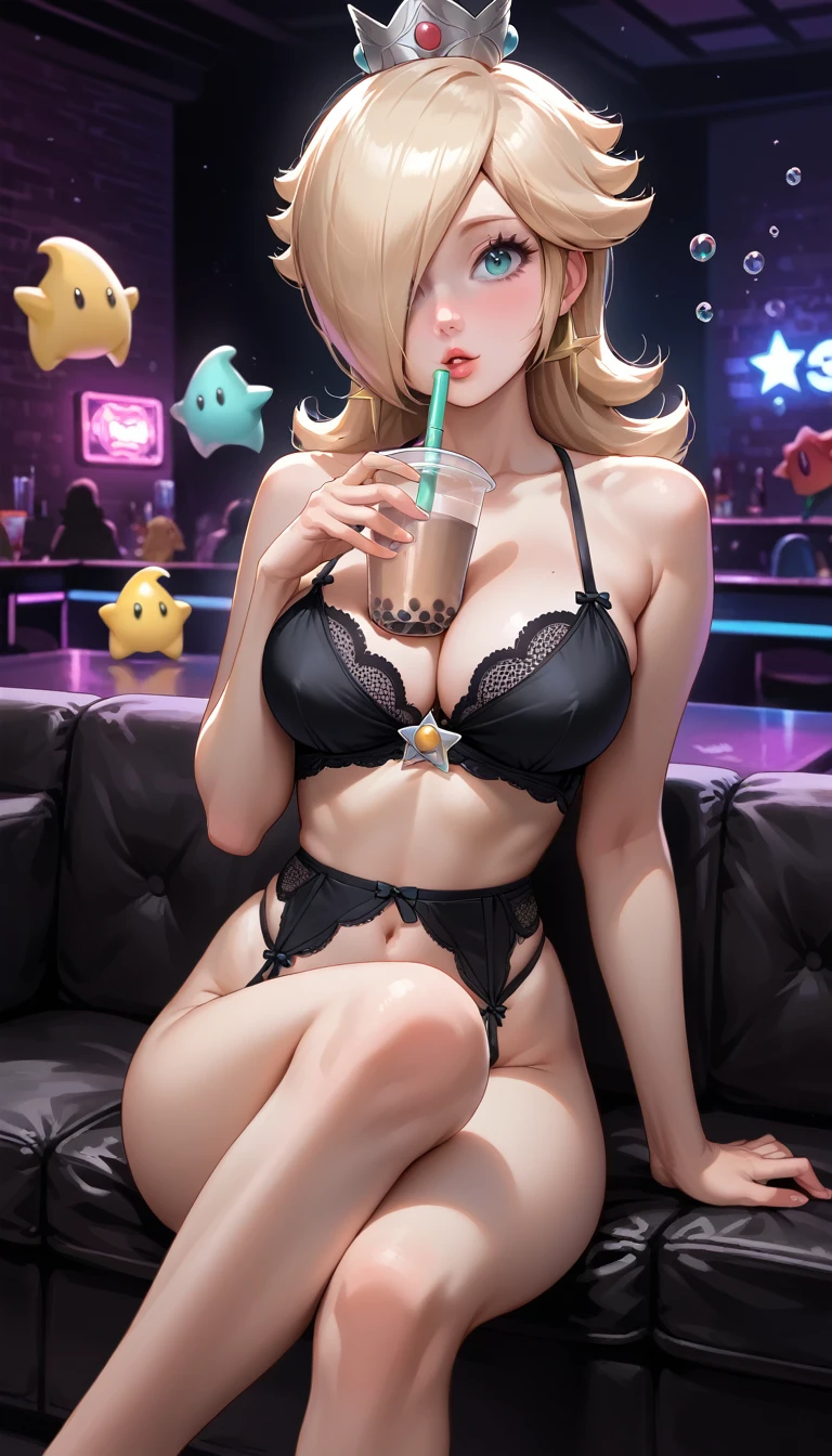 Princess Rosalina as a pornstar, super Mario Bros, Princess Rosalina, pornstar, busty pornstar, (((in a nightclub))), Hot cleavage, black lingerie, crossed legs in sexy pose, sit down, (((bubble tea between breasts))), (((breasts Focus)))