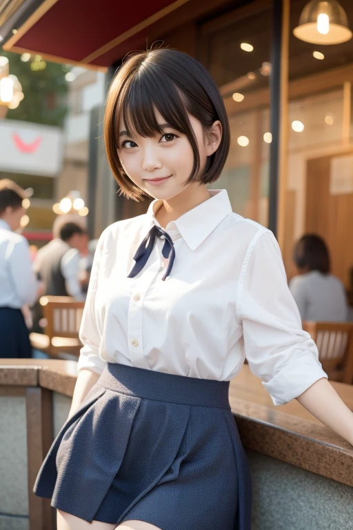 (8K, RAW photo, Best Quality, Masterpiece: 1.2), (Realistic, Photorealistic: 1.37), Ultra HD, 1 girl, Cute, Solo, Beautiful sky, Detailed cafe, Night, Sitting, date, (nose lip), (smile: 1.1), (closed), medium breasts, beautiful eyes, (collared shirt: 1.1), bow tie, pleated skirt, (short hair: 1.2), floating hair