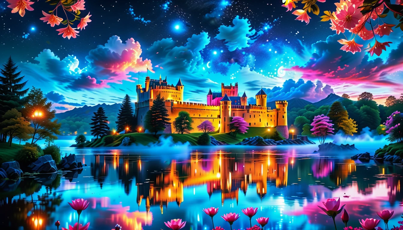 A Masterpiece In 32K Resolution: Supreme Quality, Super Detail, Official Art, Very High-Resolution 32K Wallpaper, Beautiful And Aesthetic, Ultra-Detailed Features, Awe-Inspiring Detail. A Picturesque Scene Of Stunning Castles Illuminated Under A Starry Night Sky, Gracefully Nestled By A Serene Lake. Some Of The Castles Appear To Float On The Water's Surface, Creating A Magical Atmosphere. Wispy Clouds Drift Through The Sky, Adding To The Romance Of The Moment. Majestic Dragons Soar Gracefully Above, While Vibrant Pink Flowers Bloom Along The Lakeshore, Enhancing The Enchanting Beauty Of This Dreamlike Setting.