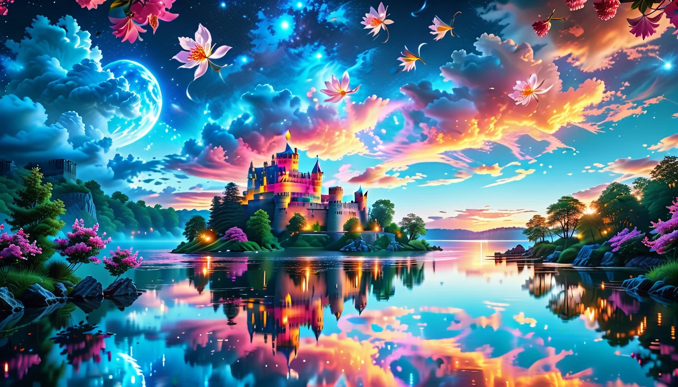 A Masterpiece In 32K Resolution: Supreme Quality, Super Detail, Official Art, Very High-Resolution 32K Wallpaper, Beautiful And Aesthetic, Ultra-Detailed Features, Awe-Inspiring Detail. A Picturesque Scene Of Stunning Castles Illuminated Under A Starry Night Sky, Gracefully Nestled By A Serene Lake. Some Of The Castles Appear To Float On The Water's Surface, Creating A Magical Atmosphere. Wispy Clouds Drift Through The Sky, Adding To The Romance Of The Moment. Majestic Dragons Soar Gracefully Above, While Vibrant Pink Flowers Bloom Along The Lakeshore, Enhancing The Enchanting Beauty Of This Dreamlike Setting.