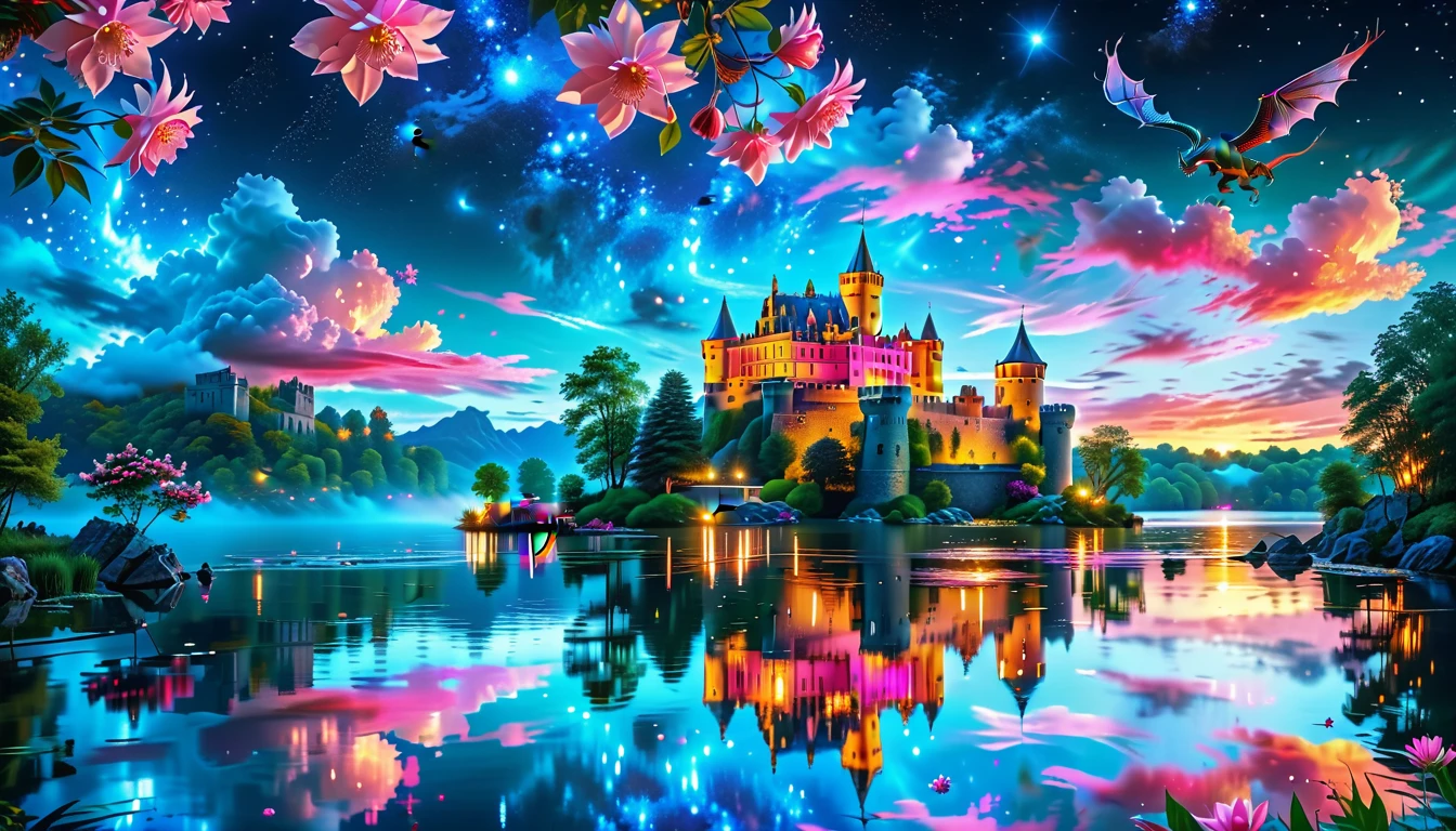 A Masterpiece In 32K Resolution: Supreme Quality, Super Detail, Official Art, Very High-Resolution 32K Wallpaper, Beautiful And Aesthetic, Ultra-Detailed Features, Awe-Inspiring Detail. A Picturesque Scene Of Stunning Castles Illuminated Under A Starry Night Sky, Gracefully Nestled By A Serene Lake. Some Of The Castles Appear To Float On The Water's Surface, Creating A Magical Atmosphere. Wispy Clouds Drift Through The Sky, Adding To The Romance Of The Moment. Majestic Dragons Soar Gracefully Above, While Vibrant Pink Flowers Bloom Along The Lakeshore, Enhancing The Enchanting Beauty Of This Dreamlike Setting.