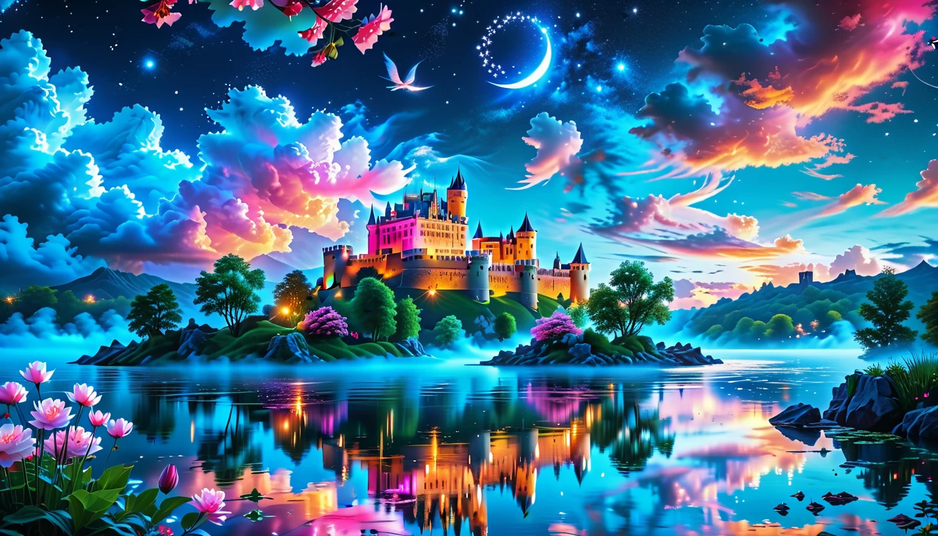 A Masterpiece In 32K Resolution: Supreme Quality, Super Detail, Official Art, Very High-Resolution 32K Wallpaper, Beautiful And Aesthetic, Ultra-Detailed Features, Awe-Inspiring Detail. A Picturesque Scene Of Stunning Castles Illuminated Under A Starry Night Sky, Gracefully Nestled By A Serene Lake. Some Of The Castles Appear To Float On The Water's Surface, Creating A Magical Atmosphere. Wispy Clouds Drift Through The Sky, Adding To The Romance Of The Moment. Majestic Dragons Soar Gracefully Above, While Vibrant Pink Flowers Bloom Along The Lakeshore, Enhancing The Enchanting Beauty Of This Dreamlike Setting.