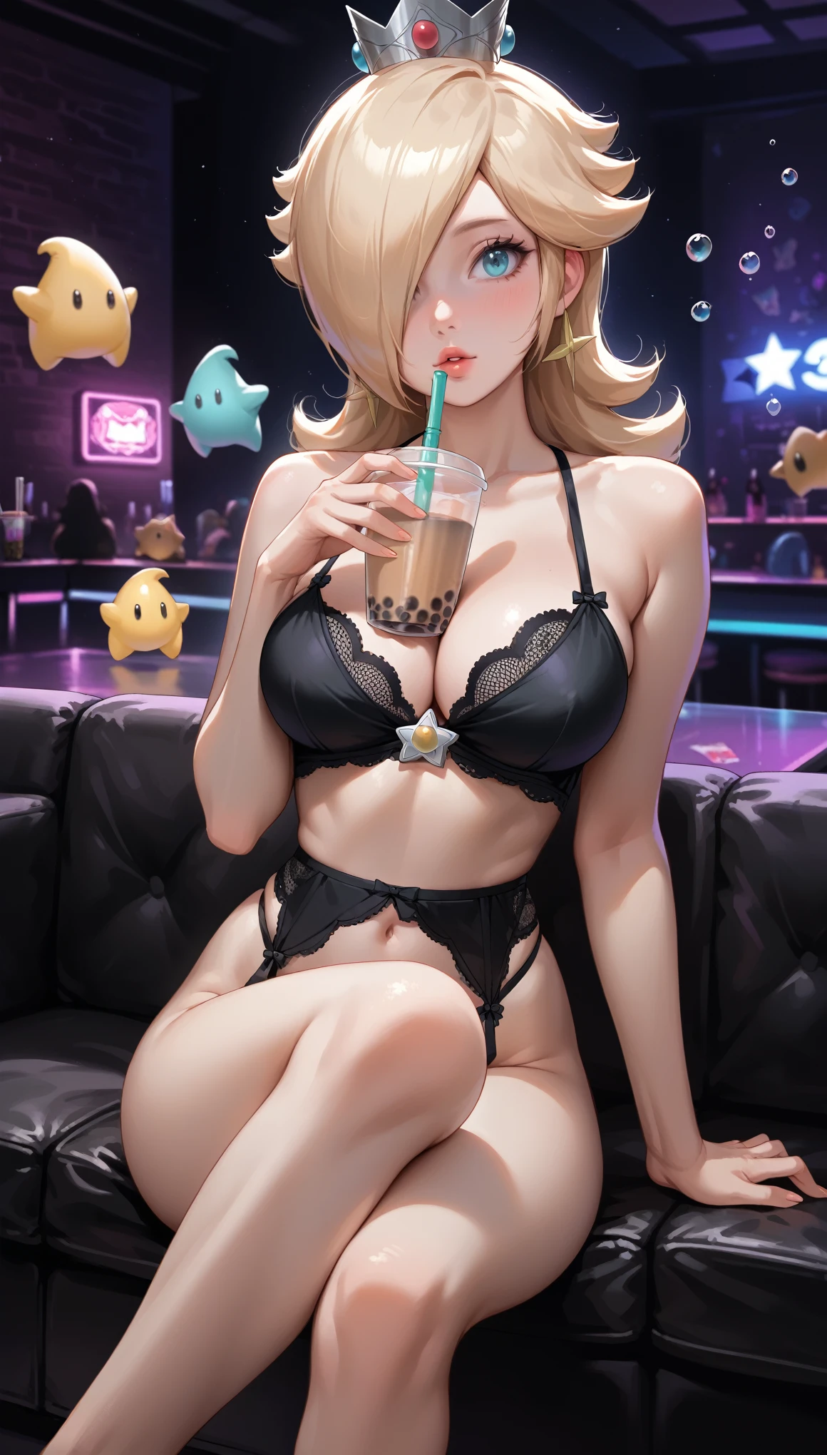 Princess Rosalina as a pornstar, super Mario Bros, Princess Rosalina, pornstar, busty pornstar, (((in a nightclub))), Hot cleavage, black lingerie, crossed legs in sexy pose, sit down, (((bubble tea between breasts))), (((breasts Focus)))