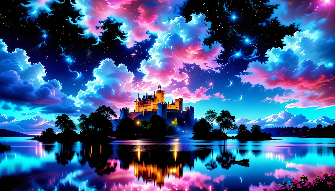 A Masterpiece In 32K Resolution: Supreme Quality, Super Detail, Official Art, Very High-Resolution 32K Wallpaper, Beautiful And Aesthetic, Ultra-Detailed Features, Awe-Inspiring Detail. A Picturesque Scene Of Stunning Castles Illuminated Under A Starry Night Sky, Gracefully Nestled By A Serene Lake. Some Of The Castles Appear To Float On The Water's Surface, Creating A Magical Atmosphere. Wispy Clouds Drift Through The Sky, Adding To The Romance Of The Moment. Majestic Dragons Soar Gracefully Above, While Vibrant Pink Flowers Bloom Along The Lakeshore, Enhancing The Enchanting Beauty Of This Dreamlike Setting.