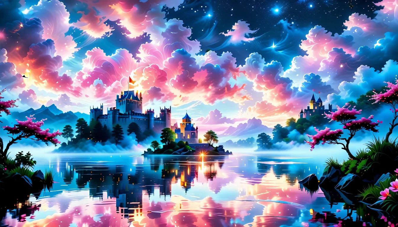 A Masterpiece In 32K Resolution: Supreme Quality, Super Detail, Official Art, Very High-Resolution 32K Wallpaper, Beautiful And Aesthetic, Ultra-Detailed Features, Awe-Inspiring Detail. A Picturesque Scene Of Stunning Castles Illuminated Under A Starry Night Sky, Gracefully Nestled By A Serene Lake. Some Of The Castles Appear To Float On The Water's Surface, Creating A Magical Atmosphere. Wispy Clouds Drift Through The Sky, Adding To The Romance Of The Moment. Majestic Dragons Soar Gracefully Above, While Vibrant Pink Flowers Bloom Along The Lakeshore, Enhancing The Enchanting Beauty Of This Dreamlike Setting.