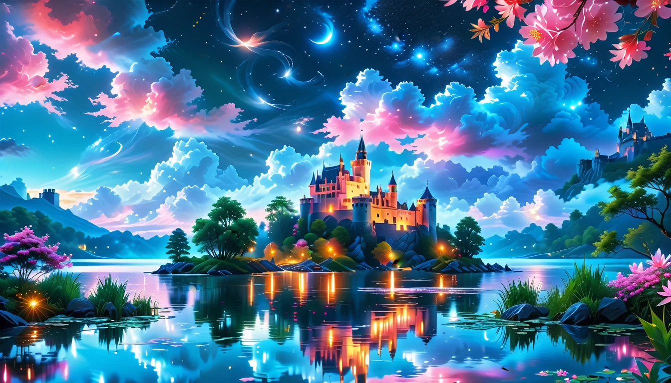 A Masterpiece In 32K Resolution: Supreme Quality, Super Detail, Official Art, Very High-Resolution 32K Wallpaper, Beautiful And Aesthetic, Ultra-Detailed Features, Awe-Inspiring Detail. A Picturesque Scene Of Stunning Castles Illuminated Under A Starry Night Sky, Gracefully Nestled By A Serene Lake. Some Of The Castles Appear To Float On The Water's Surface, Creating A Magical Atmosphere. Wispy Clouds Drift Through The Sky, Adding To The Romance Of The Moment. Majestic Dragons Soar Gracefully Above, While Vibrant Pink Flowers Bloom Along The Lakeshore, Enhancing The Enchanting Beauty Of This Dreamlike Setting.