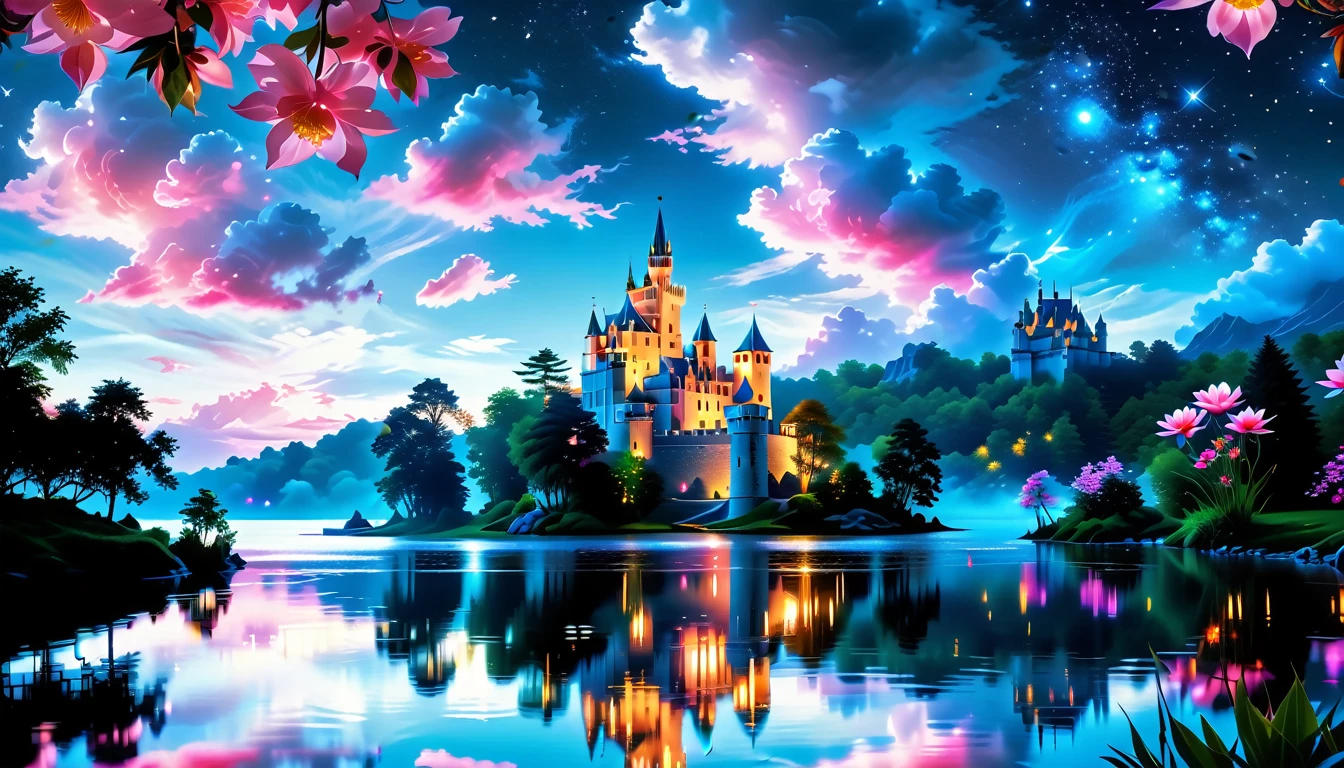 A Masterpiece In 32K Resolution: Supreme Quality, Super Detail, Official Art, Very High-Resolution 32K Wallpaper, Beautiful And Aesthetic, Ultra-Detailed Features, Awe-Inspiring Detail. A Picturesque Scene Of Stunning Castles Illuminated Under A Starry Night Sky, Gracefully Nestled By A Serene Lake. Some Of The Castles Appear To Float On The Water's Surface, Creating A Magical Atmosphere. Wispy Clouds Drift Through The Sky, Adding To The Romance Of The Moment. Majestic Dragons Soar Gracefully Above, While Vibrant Pink Flowers Bloom Along The Lakeshore, Enhancing The Enchanting Beauty Of This Dreamlike Setting.