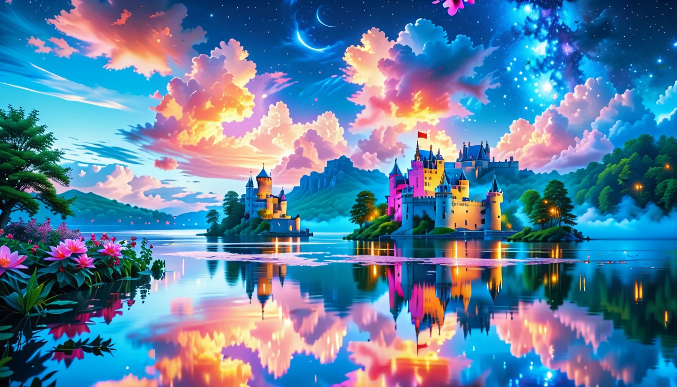 A Masterpiece In 32K Resolution: Supreme Quality, Super Detail, Official Art, Very High-Resolution 32K Wallpaper, Beautiful And Aesthetic, Ultra-Detailed Features, Awe-Inspiring Detail. A Picturesque Scene Of Stunning Castles Illuminated Under A Starry Night Sky, Gracefully Nestled By A Serene Lake. Some Of The Castles Appear To Float On The Water's Surface, Creating A Magical Atmosphere. Wispy Clouds Drift Through The Sky, Adding To The Romance Of The Moment. Majestic Dragons Soar Gracefully Above, While Vibrant Pink Flowers Bloom Along The Lakeshore, Enhancing The Enchanting Beauty Of This Dreamlike Setting.