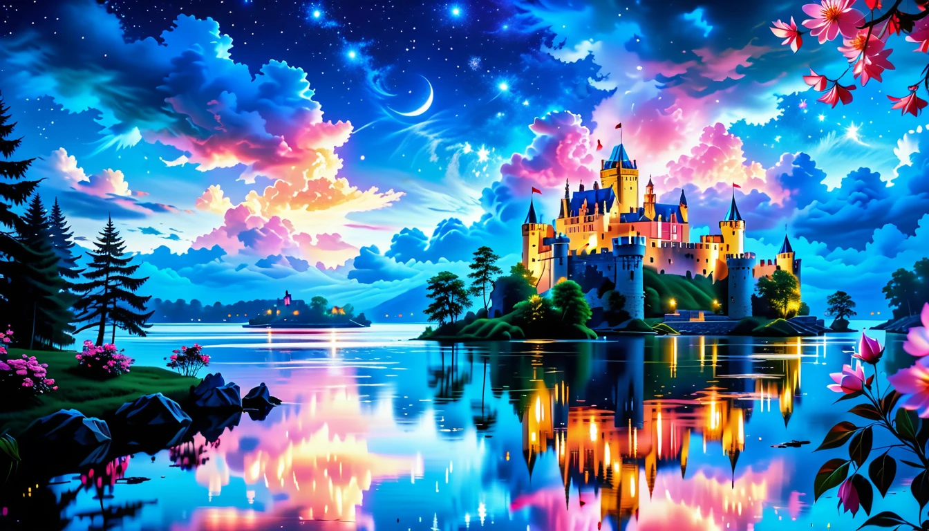 A Masterpiece In 32K Resolution: Supreme Quality, Super Detail, Official Art, Very High-Resolution 32K Wallpaper, Beautiful And Aesthetic, Ultra-Detailed Features, Awe-Inspiring Detail. A Picturesque Scene Of Stunning Castles Illuminated Under A Starry Night Sky, Gracefully Nestled By A Serene Lake. Some Of The Castles Appear To Float On The Water's Surface, Creating A Magical Atmosphere. Wispy Clouds Drift Through The Sky, Adding To The Romance Of The Moment. Majestic Dragons Soar Gracefully Above, While Vibrant Pink Flowers Bloom Along The Lakeshore, Enhancing The Enchanting Beauty Of This Dreamlike Setting.